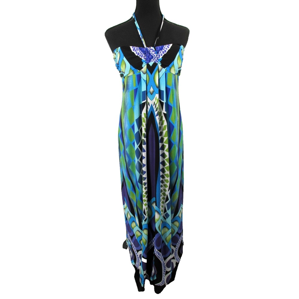 VALERIE BERTINELLI Maxi Halter Dress Women 8 Blue Multicolor Mosaic Boho Artsy